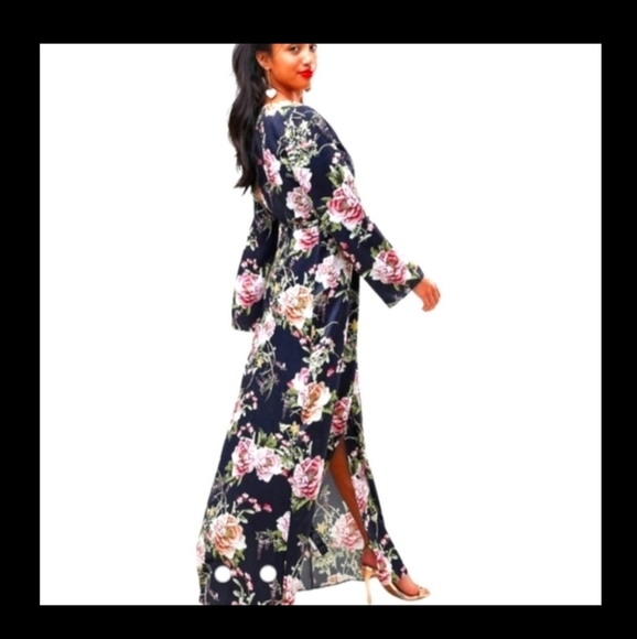 ASOS Parisian Black Mauve Floral Satin Wrap Maxi Dress Side Tie Slit Sz 4 NWOT - Picture 11 of 15